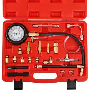 Fuel Pressure Tester Gauge Kit 140PSI Automotive Engine Injector Pump Test Gasoline Gas Injection Manometer Tool Set with Inline Fitting Schrader Adapter for Auto Car Motorcycle (Blue Case)