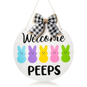Wreath Peeps Bunny Wooden Hanging Welcome Door Sign, 11.8 Inch Cute Welcome Porch Sign for Door Wall Wreath Candy Color Welcome Spring Bunny Hanging Supply for Indoor Outdoor