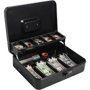 Large Cash Box with Combination Lock, Metal Money Box for Cash, Lovndi Lock Box with Money Tray, Lockbox 11.8 x 9.5 x 3.54 Inches, Black