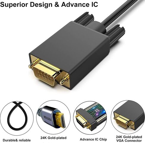 YOTETION HDMI to VGA 40Ft Cable with Audio, Directional HDMI (Source) to VGA (Display) Cable (Male to Male) Compatible for Computer, Desktop, Laptop, PC, Monitor, Projector, HDTV, Roku, Xbox in Kuwait