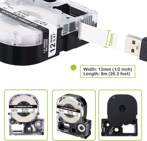 شريط ملصقات Absonic LC-4WBN متوافق مع خرطوشة ملصقات LK-4WBN LC 4WBN9 SS12KW 12 مم لصانع الملصقات Epson LabelWorks LW-300 LW-400 LW-500 LW-600P LW-K200PX، أسود على أبيض، 1/2 بوصة × 26 بوصة، 2 حزمة in Saudi Arabia