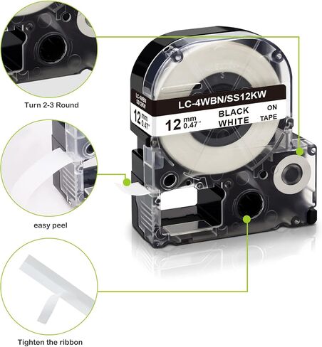 شريط ملصقات Absonic LC-4WBN متوافق مع خرطوشة ملصقات LK-4WBN LC 4WBN9 SS12KW 12 مم لصانع الملصقات Epson LabelWorks LW-300 LW-400 LW-500 LW-600P LW-K200PX، أسود على أبيض، 1/2 بوصة × 26 بوصة، 2 حزمة in Saudi Arabia