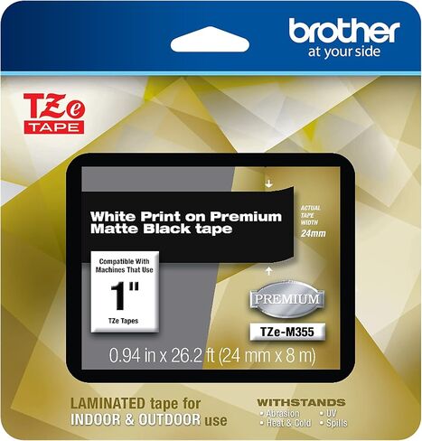 Brother P-touch TZe-M355 طباعة بيضاء على شريط مصفح أسود غير لامع ممتاز مقاس 24 مم (0.94 بوصة) عرض × 8 م (26.2 بوصة) طول in Saudi Arabia