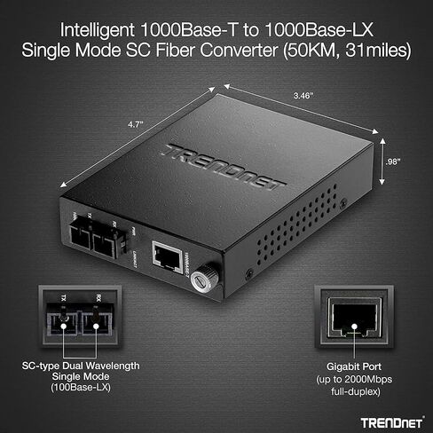 TRENDnet Intelligent 1000Base-T to 1000Base-LX/SX Single Mode SC Fiber Media Converter (20KM, 12.4Miles), Fiber to Ethernet Converter, SC Type Fiber Port,Lifetime Protection, TFC-1000S20, Black in Saudi Arabia