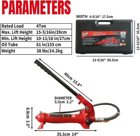 مقبس زجاجة هيدروليكي هوائي تورين TA91206 من BIG RED مع مضخة يدوية يدوية، سعة 12 طن (24,000 رطل)، أحمر in Kuwait