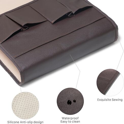 منظم مسند ذراع للأريكة من جلد البولي يوريثان، حامل مجلات كرسي بذراعين، حامل عن بعد مقاوم للماء للأريكة مع جيب كبير، 4 جيوب صغيرة للمجلات، جهاز التحكم عن بعد، الهاتف، الآيباد، الكتب (بني) in Kuwait