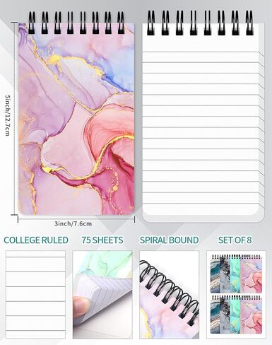 مجموعة دفاتر جيب مكونة من 8، دفاتر ملاحظات حلزونية صغيرة مقاس 3 × 5 بوصة وسادات كتابة مبطنة مع 75 ورقة في كل وسادة، نمط Muble، مثالية للمدرسة والمنزل والمكتب in Kuwait