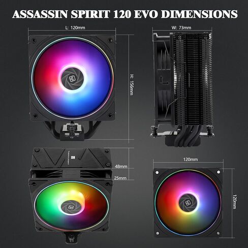 مبرد وحدة المعالجة المركزية من Thermalright Assassin Spirit 120 EVO Black، مبرد هواء وحدة المعالجة المركزية بمروحة ARGB هادئ 120 مم PWM، تقنية AGHP الرابعة، يدعم Intel lga1700/1150/1151/1200، AMD AM4 AM5، مبرد الكمبيوتر (AS120 EVO) in Saudi Arabia
