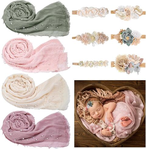4 Sets Baby Photoshoot Props Wrap Kit Including 4 Pcs 35.5 x 67 in Newborn Photography Wraps 6 Pcs Flower Nylon Headband Pearl Newborn Girl Photoshoot Outfits Baby Floral Headband for Boy Girl in Saudi Arabia