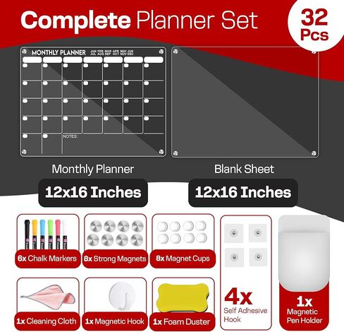 تقويم شهري وأسبوعي مغناطيسي من الأكريليك للثلاجة 32 قطعة - حزمة مخطط وجبات مقاس 16 بوصة × 12 بوصة مع علامات نابضة بالحياة - لوحة مسح جافة شفافة قابلة لإعادة الاستخدام للثلاجة in Kuwait