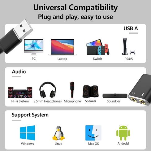 محول بطاقة الصوت ASKUBSKU USB إلى مقبس الصوت مع سماعة رأس TRS مزدوجة 3 أقطاب 3.5 مم مع ميكروفون USB إلى Aux 3.5 مم محول صوت خارجي لأجهزة Windows Mac Linux وأجهزة الكمبيوتر المحمولة وأجهزة الكمبيوتر المكتبية وسماعات PS5 in Saudi Arabia