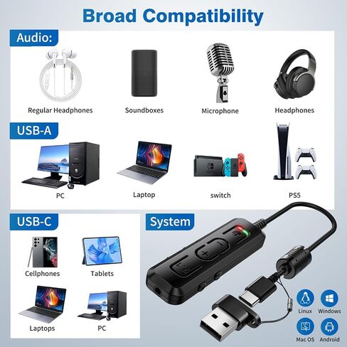 USB C/USB Virtual 7.1 Surround Sound to 3.5mm Jack Audio Adapter External Sound Card, Plug Play USB C Adapter for Google Pixel 7A 7 Pro 6 Samsung S23 S22 S20 iPad Pro PC Gaming Headset PS4 Laptop Mac in Saudi Arabia