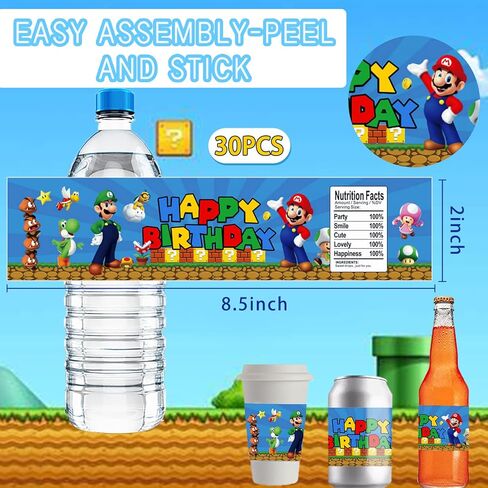30PCS Water Bottle Labels for Super Bros Party Supplies,Super Bros Stickers Decorations Super Bros Party Decoration in Kuwait