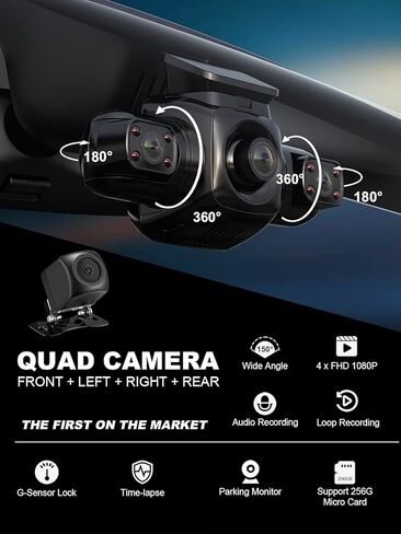Dash Cam 4 Channel Front and Rear Inside Left Right FHD 1080P Dash Camera for Cars, Built-in WiFi, Free 128GB Card in Kuwait