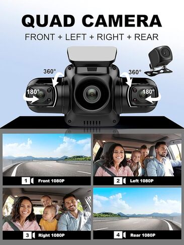 Dash Cam 4 Channel Front and Rear Inside Left Right FHD 1080P Dash Camera for Cars, Built-in WiFi, Free 128GB Card in Kuwait