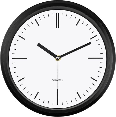 ساعة حائط WOOPHEN، ساعات حائط حديثة تعمل بالبطارية مقاس 10 بوصة، ساعة تناظرية صغيرة صامتة غير موقوتة لغرفة المعيشة والمكتب والمنزل والحمام وغرفة النوم والمطبخ (أسود) in Kuwait