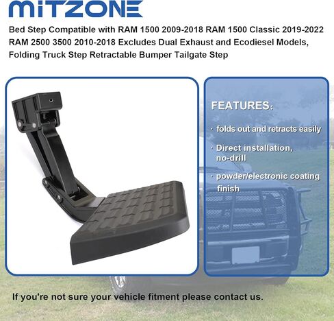 MITZONE Bed Step متوافق مع RAM 1500 2009-2018 RAM 1500 Classic 2019-2022 RAM 2500 3500 2010-2018 باستثناء نماذج العادم المزدوج والديزل البيئي، خطوة الشاحنة القابلة للطي وخطوة الباب الخلفي المصد القابل للسحب in Saudi Arabia