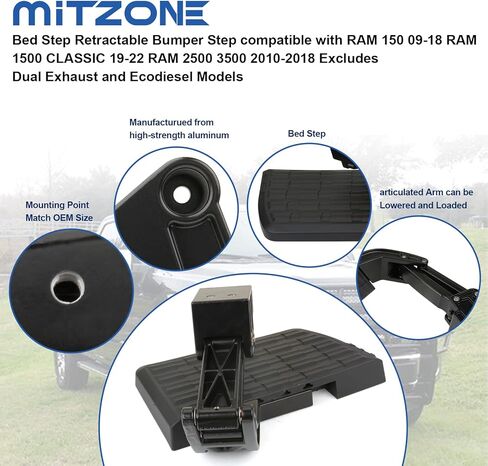 MITZONE Bed Step متوافق مع RAM 1500 2009-2018 RAM 1500 Classic 2019-2022 RAM 2500 3500 2010-2018 باستثناء نماذج العادم المزدوج والديزل البيئي، خطوة الشاحنة القابلة للطي وخطوة الباب الخلفي المصد القابل للسحب in Saudi Arabia