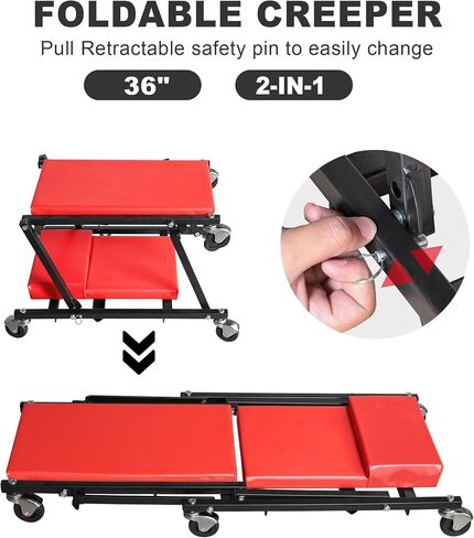 BIG RED ATR6505R-2 Torin Z-Creeper Seat: 36" Foldable Creeper, 2-in-1 Garage Shop Creeper for Auto Repair with 6pc Wheels, 300 lbs Capacity - Red in Saudi Arabia
