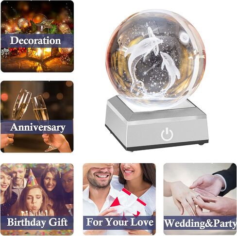 ERWEI 3D دولفين كريستال الكرة مع قاعدة مضاءة هدايا دولفين للأم المرأة كرة زجاجية مزخرفة ضوء الليل محفورة دولفين المجال الديكور الهدايا لعيد الميلاد عيد ميلاد الذكرى السنوية in Kuwait