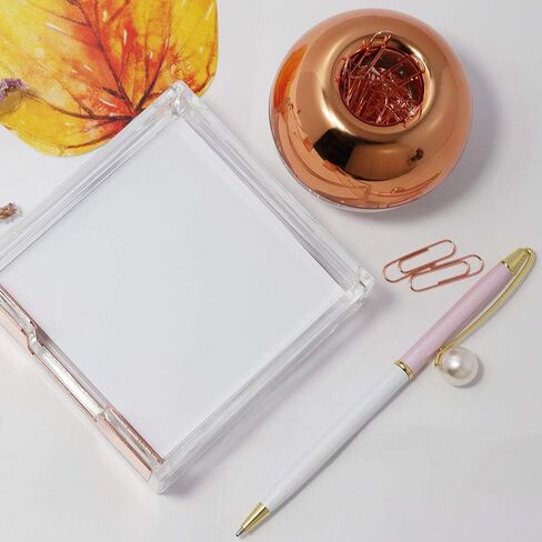 Rose Gold Desk Accessories Magnetic Paperclip Holder and Acrylic Memo Holder Clear Rose Gold Tone Desktop Organizer Set with 100 PCS Paper Clips for School Office Women (Rose Gold) in Saudi Arabia