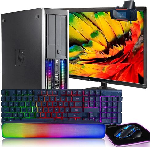 HP RGB Lights Gaming Desktop Combo I7 حتى 3.8 جيجا هرتز، 16 جيجا، 128 جيجا SSD+3T، GeForce GT 730 2G GDDR5، جديد 24 بوصة 1080P LED، WiFi، BT 5.0، RGB BT SoundBar، لوحة مفاتيح وماوس ولوحة ماوس RGB، كاميرا ويب، W10P64 (متجدد) in Kuwait