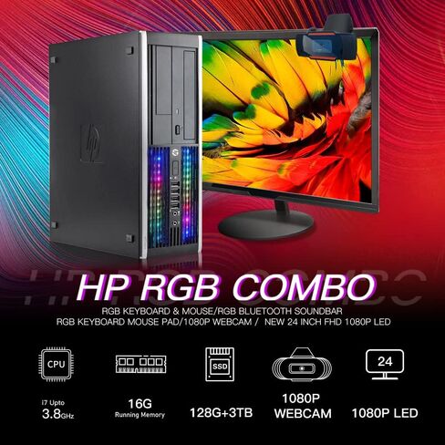 HP RGB Lights Gaming Desktop Combo I7 حتى 3.8 جيجا هرتز، 16 جيجا، 128 جيجا SSD+3T، GeForce GT 730 2G GDDR5، جديد 24 بوصة 1080P LED، WiFi، BT 5.0، RGB BT SoundBar، لوحة مفاتيح وماوس ولوحة ماوس RGB، كاميرا ويب، W10P64 (متجدد) in Kuwait
