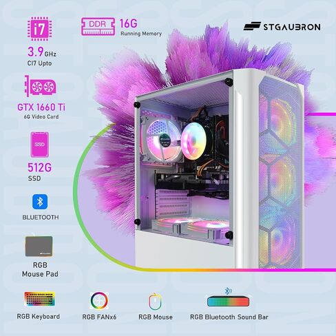 STGAubron Gaming Diamond Desktop, Intel Core I7 3.4 GHz up to 3.9 GHz, GTX 1660 Ti 6G GDDR6, 16G RAM, 512G SSD, WIFI, BT 5.0, RGB Fan x 6, RGB Keyboard & Mouse, RGB Mouse Pad, RGB BT Sound Bar, W10H64 in Saudi Arabia