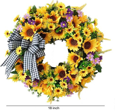 أكاليل عباد الشمس للباب الأمامي، tokcare 18 بوصة إكليل باب الربيع والصيف الأصفر مع القوس، ديكور عباد الشمس الحريري المصنوع يدويًا لديكور المنزل ومهرجان الزفاف in Kuwait