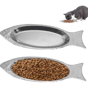 2 PCS الفولاذ المقاوم للصدأ الأسماك الضحلة على شكل الأسماك ، 13.7 بوصة أوعية التغذية الرطبة هريرة ، ألواح قطة التعب من أجل الجرو الصغير الكلب الصغير (الفضة)