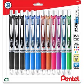 Pentel Energel 0.7mm Liquid Gel Ink Als - 12 Pack من 8 أقلام ألوان متنوعة بما في ذلك 3 أسود و 3 أزرق - نصيحة معدنية - حزمة المنزل شكل العمل