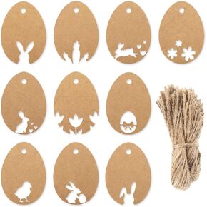Whaline 100pcs عيد الفصح Kraft Paper Tags with Hemp rope Easter Egg على شكل علامات جوفاء علامات هدية فارغة من عيد الفصح لعيد الفصح الحلي DIY DIE DICED ، 10 تصاميم
