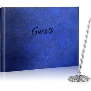 Leather Guest Book and Pen Stand Set, 10.5" x 8" Embossed Guests Sign in Book Registry Book for Funeral, Wedding Reception, Vacation Homes and Events, 80 Sheets (Brown)