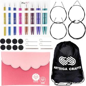 مجموعة Knitpro Zing Deluxe مجموعة 5 بوصة إبر الحياكة الدائرية الحجم 4 ، 6 ، 7 ، 8 ، 9 ، 10 ، 10.75 ، 11 قابلة للتبديل ، 4 كابلات ، 8 أغطية ، 4 مفاتيح وأكثر ، علبة النسيج مع حقيبة المشروع