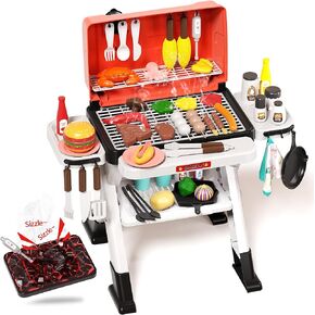Kids Play Kitchen Toys, Outdoor BBQ Grill Playset with Smoke Sound & Light, Pretend Food Toys Barbecue Cooking Set for Toddlers Boys Girls 3 4 5 6 7 8