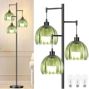 Glass Floor Lamp for Living Room,Bedroom,Gold Mid Century Modern Standing Lamp Brass Tree 3 Light Tall Floor Lamps Vintage Retro Floor Lights Green Flower Lamp Shade Farmhouse Boho Bohemian
