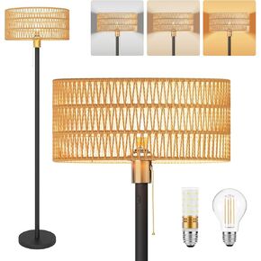 Cordless Rattan Floor Lamp with 3 Color Temperature, Dimmable Rechargeable Farmhouse Floor Lamp with Pull Cord Switch, Boho Tall Standing for Living Room, Includes 2 Bulbs