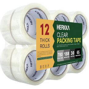 شريط التعبئة الصافي Herkka ، 12 Rolls شريط التغليف الثقيل لشحن التغليف الختم المتحرك ، شريط تعبئة صافٍ 3 مللي ، وعرضه 1.88 بوصة ، 65 ياردة لكل لفة ، 780 ياردة