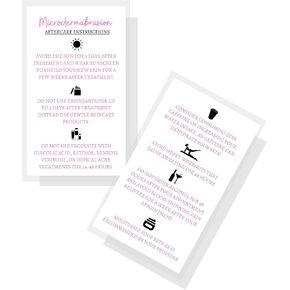 Microdermabrasion Aftercare Cards | 50 Pack | Size 2x3.5" inches Business Card Size | Microdermabrasion | White with Pink Font Design