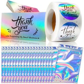 620pcs أشكر البطاقات والملصقات ، وهي عبارة عن بطاقات تجارية ، Holographic ، شكرًا لك على دعم ملصقاتي التجارية الصغيرة مع حقيبة التغليف التي يمكن إعادة بيعها لأصحاب الأعمال التجارية