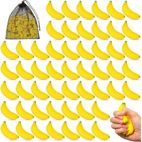 Hydren 50 PCS Mini Banana Toys Foam Bananas Party Taving Thur Truff Fidget Toy Ball مع حقيبة تخزين للبالغين لمدرسة Carnival Rights School Carnival School