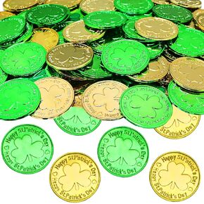 200 Pieces St. Patricks Day Gold Coins Plastic Shamrock Coins Green and Gold Lucky Coins for St Patricks Day Decorations Favors