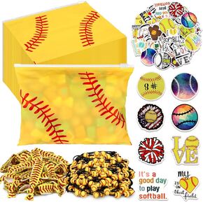 390 PCS Softball Party Forms Favors Dovors Team Gifts for Women تشمل 30 حقيبة مكياج Goodie 30 سوار 30 علاقات الشعر 300 ملصق لعشاق الرياضة زخرفة حفلة عيد ميلاد