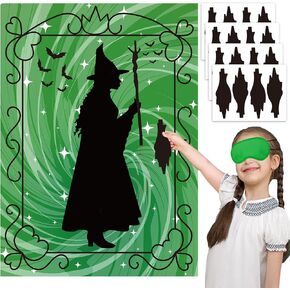 زخارف الحفلات الشريرة دبوس المكنسة على لعبة West Witch Pin Game للأطفال هالوين شرير تحت عنوان هدايا حفلة عيد ميلاد لتوفير ملصقات الملصقات الشريرة للفتيات (الأخضر)
