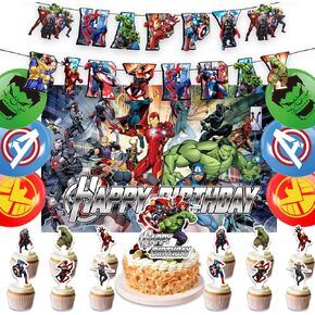 42pcs حزمة لوازم حفلات عيد ميلاد Superhero تشمل ， لافتة ， الكعكة topper ， Blackdrop ، بالونات لزينة الحفلات الخارقة
