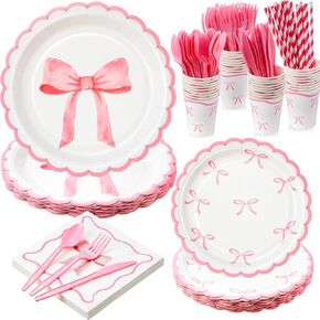 192 PCS Pink Bow Party Supplies Severs 24 ضيفًا Coquette عيد ميلاد يتضمن لوحات أدوات أدوات المائدة اللوحات من اللوحات