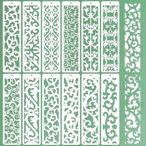 12 Pcs Large Flower Border Stencils for Painting, Reusable Plastic Vine Leaf Stencil Floral Edge Baking Decorating Templates for DIY Cake Wood Wall Tile Furniture Canvas Craft Decorations, 3" x 11.8"