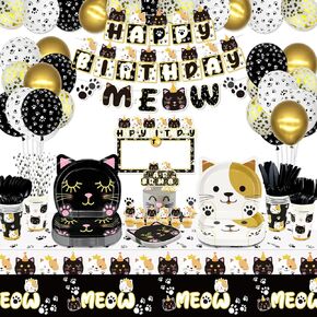 222 PCS Cat Pridthond Party Decorations - Cat Balloons ، Birthday Banner ، Meow Garlands ، Diy Hanging Sign ، Topper Cake ، Plates ، Falkins ، Cups ، TableCloth for Pet Cat Party Supplies