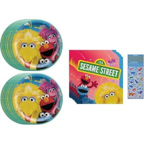 AMSCAN SESAME SESAME BIRDAY Party Partle Pack تشمل 16 لوحة ورقية ، 16 مناديل ، ورقة ملصق ديناصور واحدة (حزمة لـ 16)