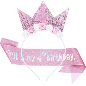 AOZUO Birthday Princess Headband and Sash Set, Glitter Flower Tiara Crown Headband Happy Birthday Party Outfit Decor